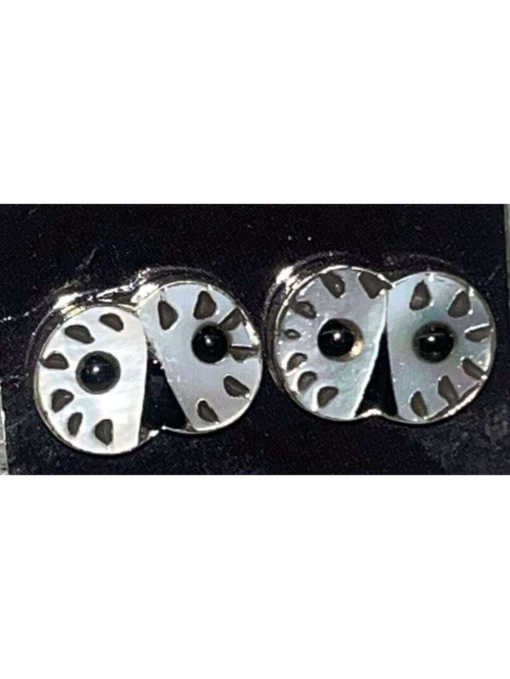 Zuni sterling silver inlay owl heads design mother of pearl black onyx earrings